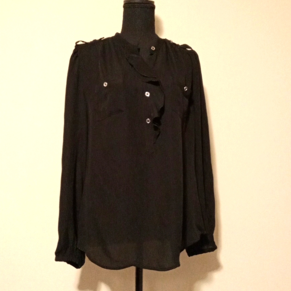 White House Black Market Black Silk Button Front Ruffle Long Sleeve Blouse Sz 14